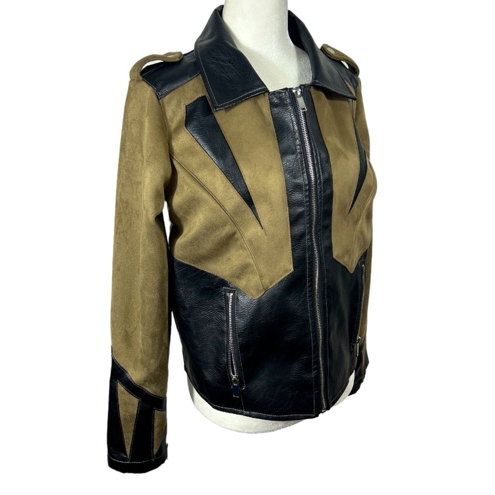 VINTAGE Fabulous Furs Faux Leather Tan Black Zip Jacket Sz Small - Picture 5 of 13